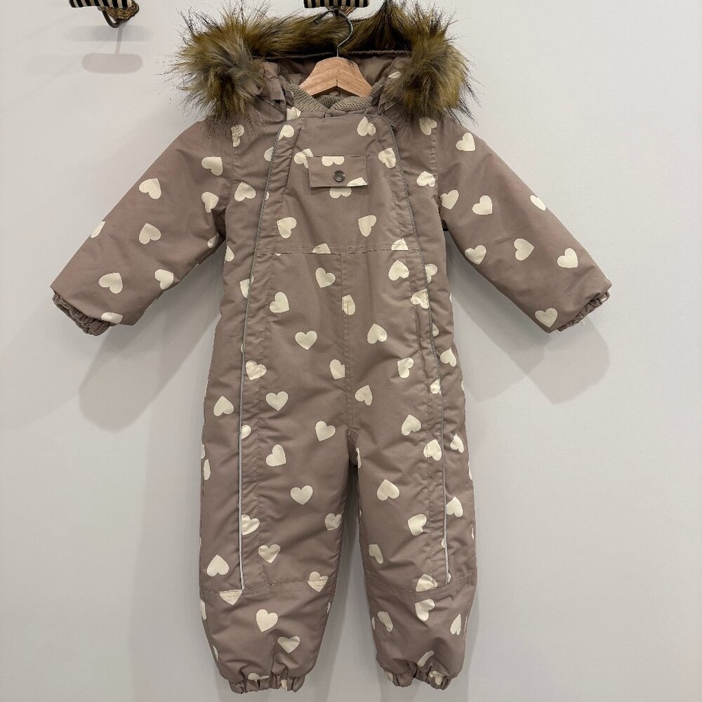 Kids Heart-Print Faux-Fur Trim Snow Suit - Taupe/Cream